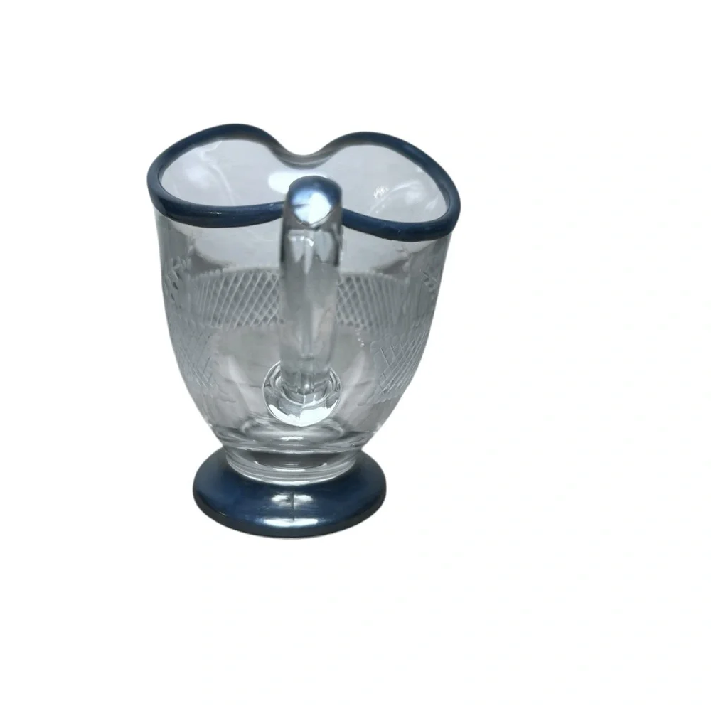 Vintage Delicate Etched Glass Creamer Floral & Lattice Pattern‎ Silver Overlay